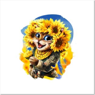 Ukrainian girl cat in a wreath of sunflowers Posters and Art